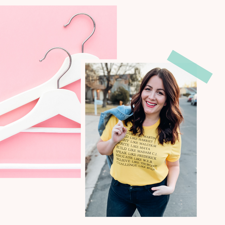 virtual personal stylist, plus size fashion, pink image with white hangers. woman in yellow t graphic tee.