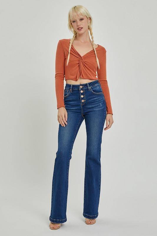 Risen High Rise Button Down Boot Cut Jeans