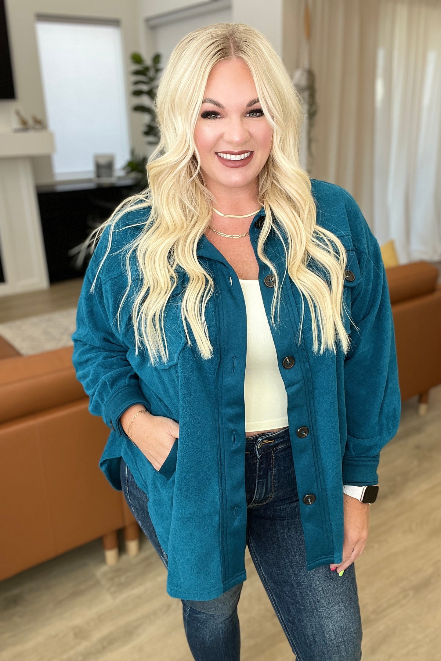 Relaxed Fit Fleece Shacket in Teal
