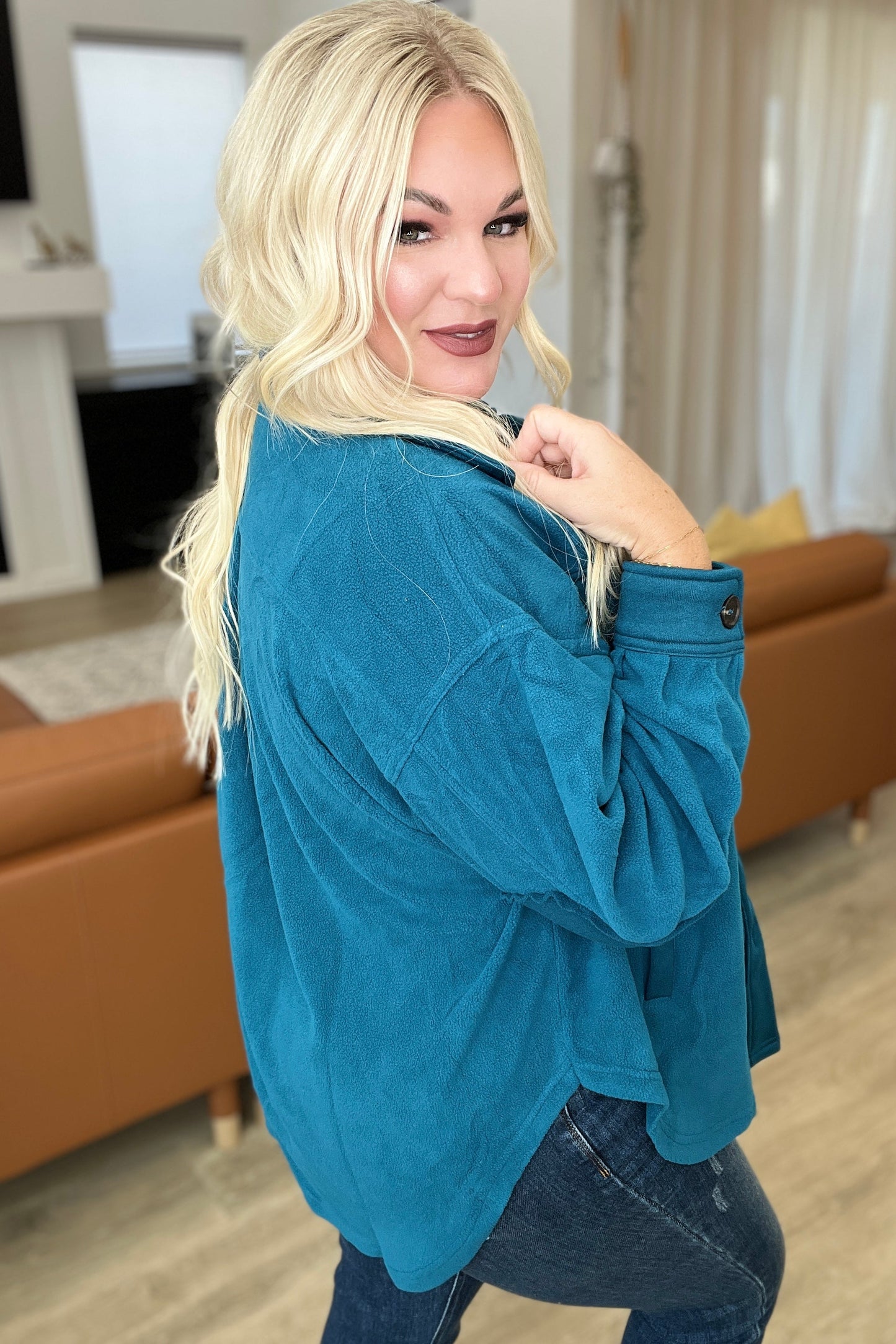 Relaxed Fit Fleece Shacket in Teal