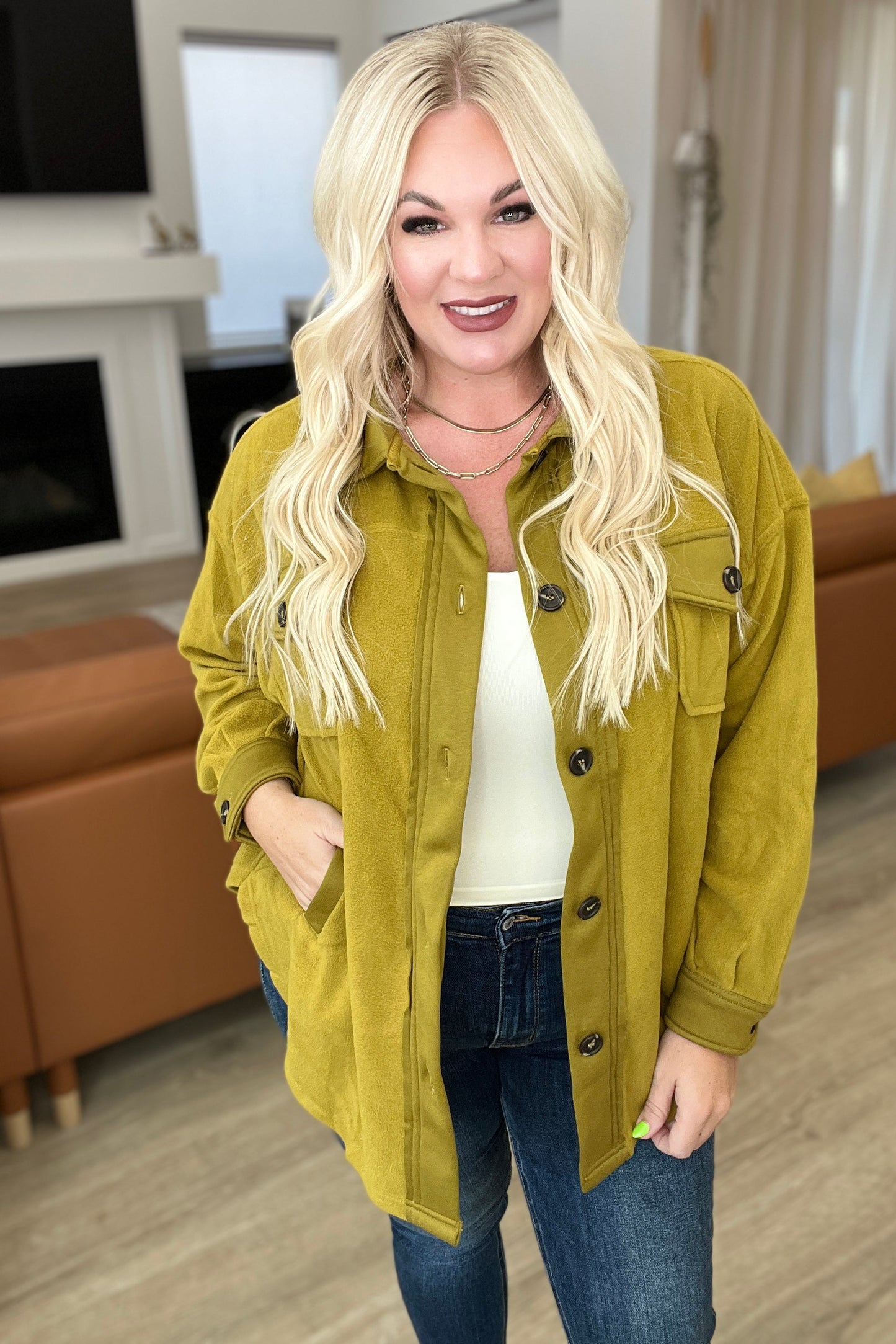 Relaxed Fit Fleece Shacket in Olive Mustard