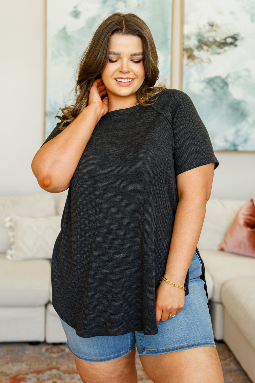 Kathleen Waffle Knit Top in Charcoal