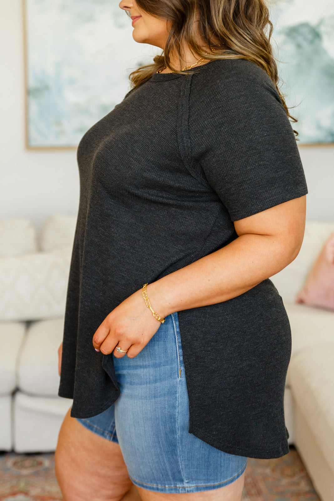 Kathleen Waffle Knit Top in Charcoal