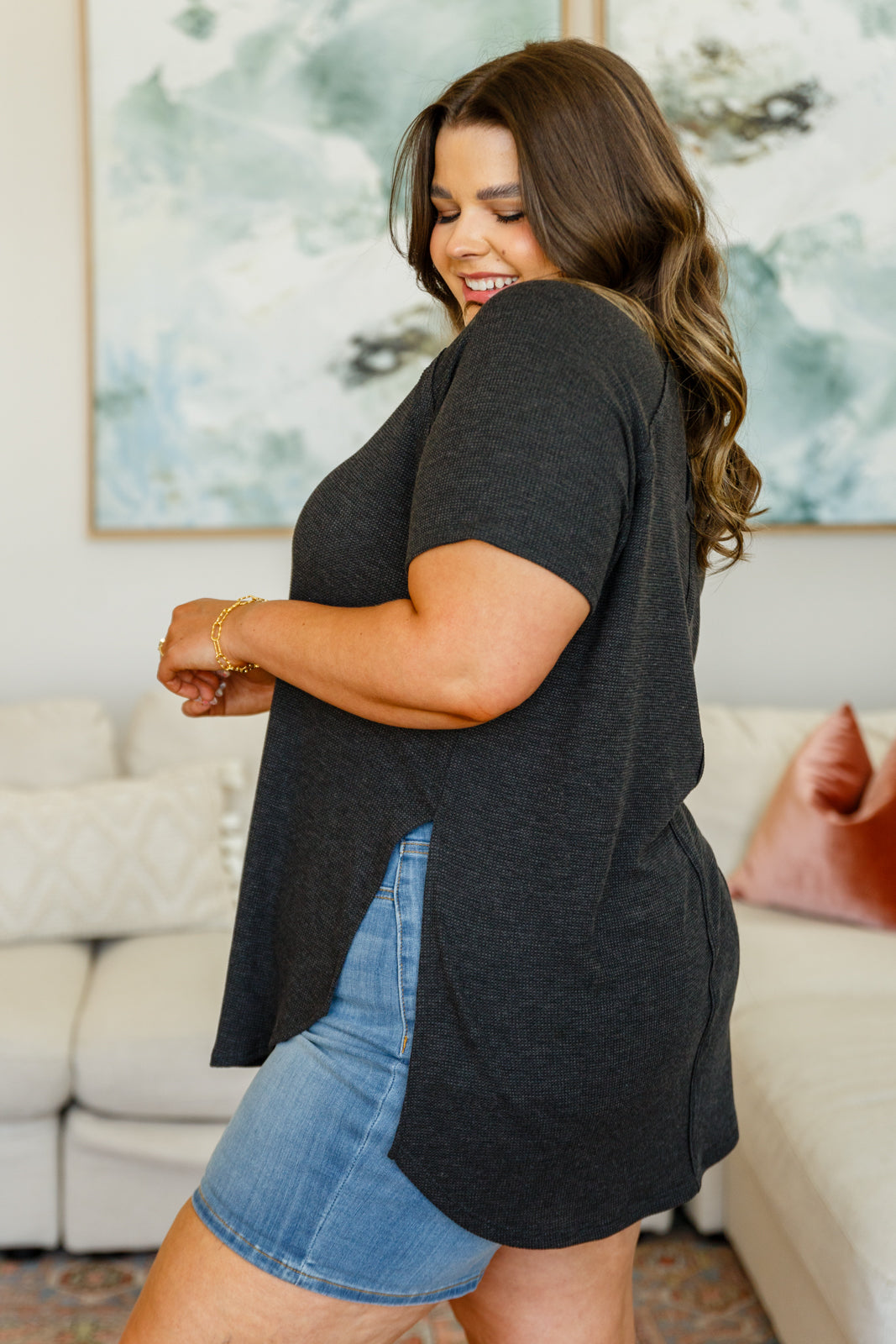 Kathleen Waffle Knit Top in Charcoal