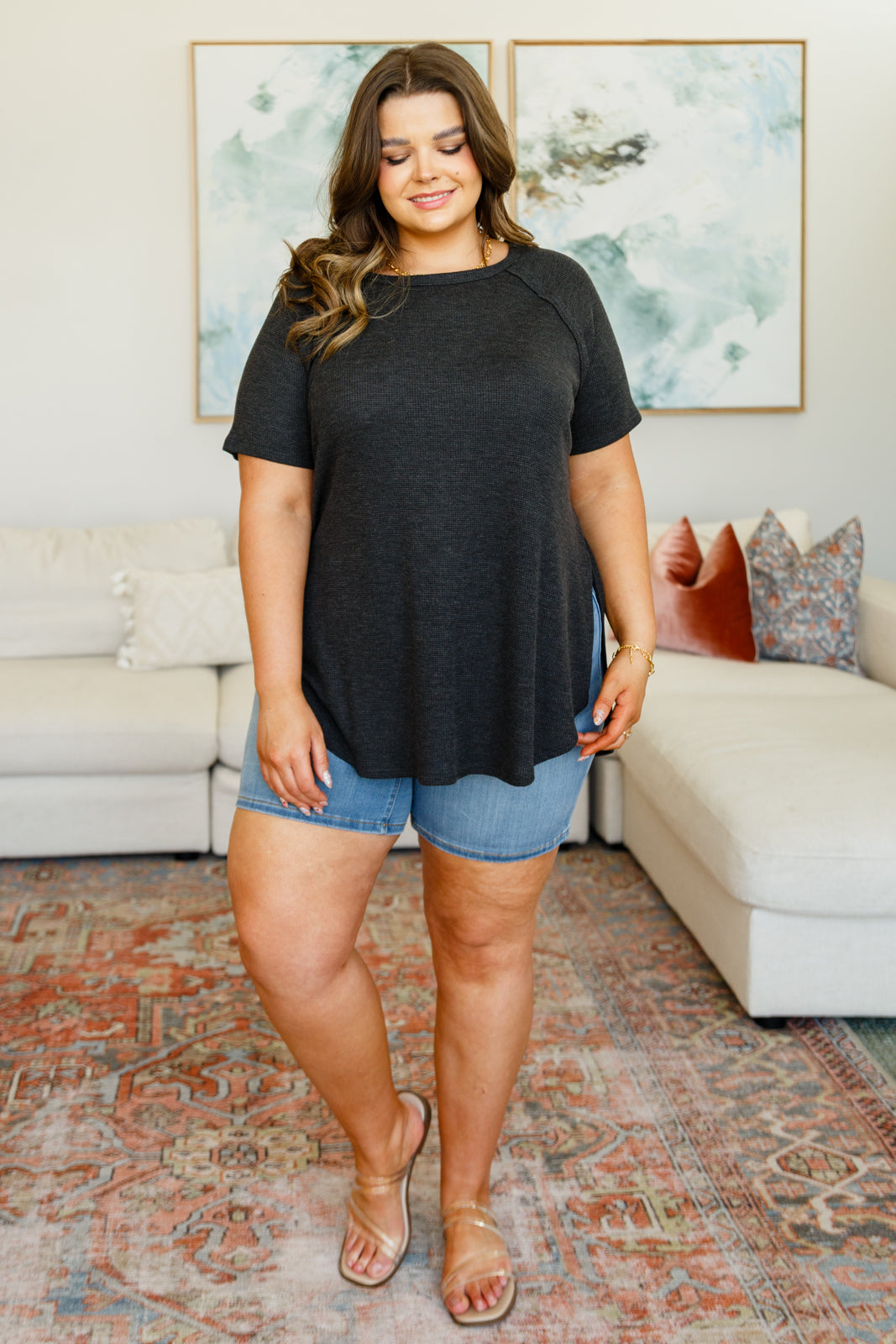 Kathleen Waffle Knit Top in Charcoal