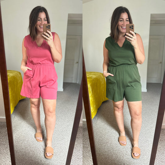 Sleeveless V-Neck Romper in Army Green