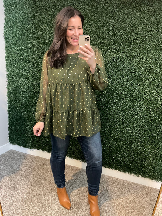 Coya Metallic Dot Tiered Blouse in Olive