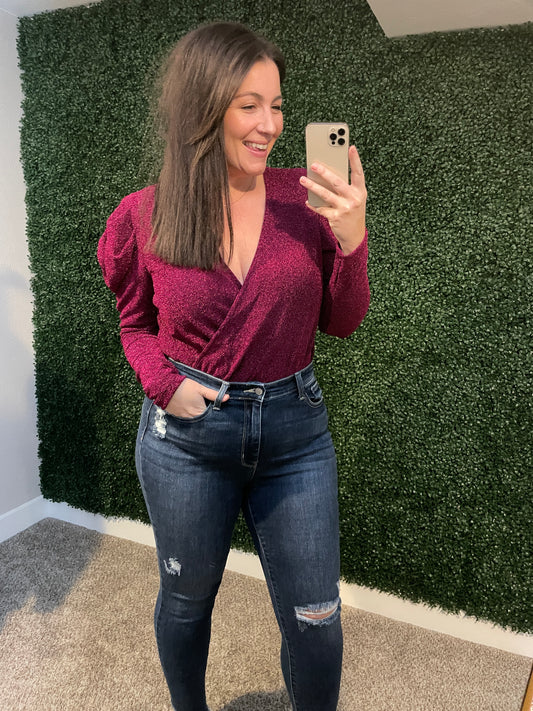 Take Me Out Faux Wrap Bodysuit In Magenta